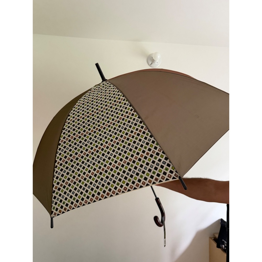 NWT Aramis Talks Weather Umbrella Brown Multicolor Geometric Wood Handle Classic